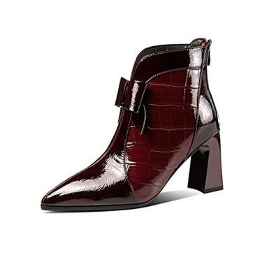 Imagem de TinaCus Botas femininas de couro envernizado, bico fino, salto alto, com laço brilhante, com zíper nas costas, Borgonha, 7