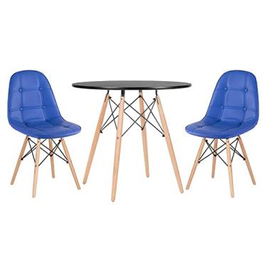 Imagem de Loft7, Mesa redonda Eames 80 cm preto + 2 cadeiras estofadas Eiffel Botonê Azul