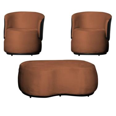 Imagem de Kit 2 Poltronas e 1 Puff Grande Estilo Orgânico Beatriz Veludo Composê Corino Preto - Estopar