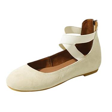 Imagem de Sandálias femininas moda cor sólida sandália elegante com zíper confortável sandália plana cruz elástica sapato elegante, Bege, 7.5