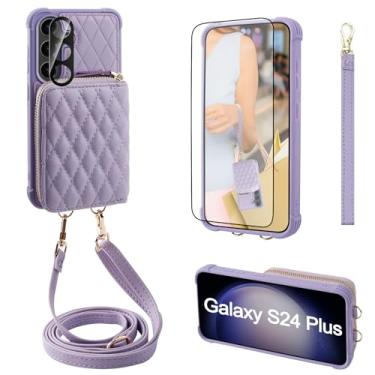 Imagem de MONASAY Capa carteira com zíper para Galaxy S24 Plus, lentes e protetores de tela, bloqueio de RFID, Caso de couro flip para telefone com suporte de cartão e alça de ombro transversal Púrpura claro