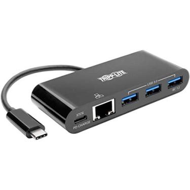 Imagem de Tripp Lite Adaptador USB C para Gigabit Ethernet estação de ancoragem com hub USB-A, carregamento Gbe e PD Thunderbolt 3, USB tipo C preto (U460-003-3AGB-C)
