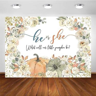 Imagem de Avezano Tema de abóbora de outono pano de fundo revelador de gênero ele ou ela outono floral revelação de gênero decorações de festa pequena abóbora menino ou menina revelação de gênero fotografia fundo foto cabine banner (2 x 1,5 m)