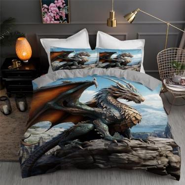 Imagem de Jogo de cama com estampa de dragão voador, 3 peças, microfibra macia texturizada, 172,7 x 228,6 cm e 2 fronhas, com fecho de zíper e laços