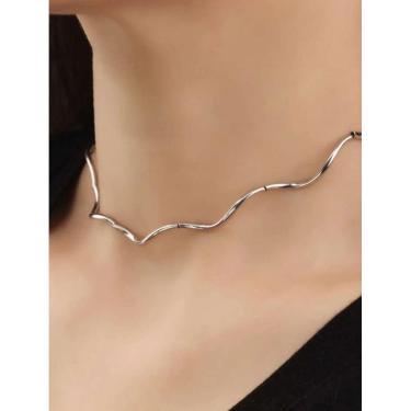 Imagem de Colar Choker Gargantilha Feminino Elo Aro Rígido Andulado Liso Dourado Folheado Ouro 18k Dourado Prata Tendência