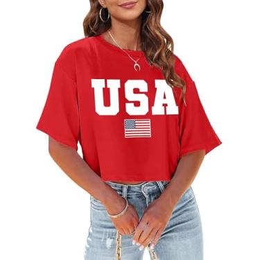 Imagem de Camiseta cropped feminina com bandeira americana EUA camiseta patriótica 4 de julho Memorial Day camiseta feminina cropped tops, Vermelho (EUA-red), G