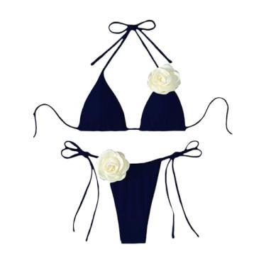 Imagem de Falainetee Conjunto de biquíni feminino com apliques florais, cintura alta, triângulo, amarrado, lateral, biquíni, Azul-marinho escuro, M