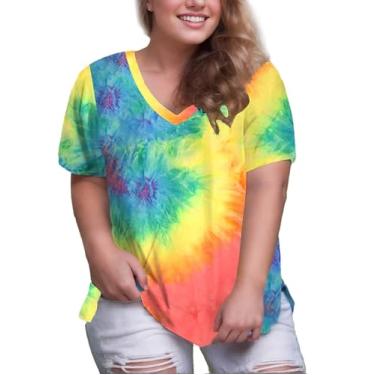 Imagem de Cnlinkco Camiseta feminina plus size manga curta gola V túnica blusa alta baixa com fenda lateral, Multicolorido., 1X