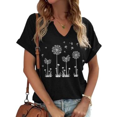 Imagem de Dandelion Shirts Camiseta feminina com gola V e girassol flores silvestres estampa casual, Preto - 12, G