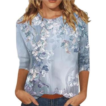 Imagem de Camiseta feminina com estampa floral, manga três-quartos, gola redonda, ajuste solto, tops de férias de verão, Branco, XXG