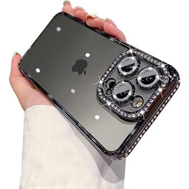 Imagem de AmazFCCY Capa de strass para iPhone 15 Pro Max de 6,7 polegadas, linda capa de proteção de câmera fina de TPU transparente com glitter brilhante brilhante de luxo para Apple iPhone 15 Pro Max 2023 (preto)