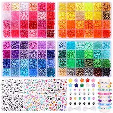 Imagem de QUEFE 96 cores, 3000 peças, kit de fabricação de pulseiras de pônei, kit de pulseiras da amizade, contas Kandi arco-íris com letras e contas de coração, fios elásticos para fabricação de colar de