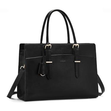 Imagem de VASCHY Bolsa para laptop feminina, couro vegano de 15,6 polegadas para computador grande bolsa de trabalho, bolsa de ombro, Preto