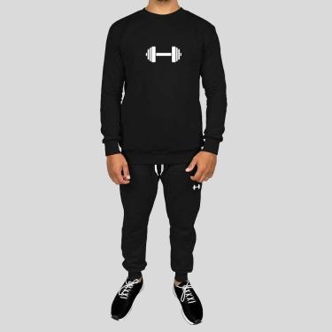 Imagem de Conjunto Calça e Blusa Moletom Careca Sem Capuz Algodão Estampado Peso Academia-Masculino