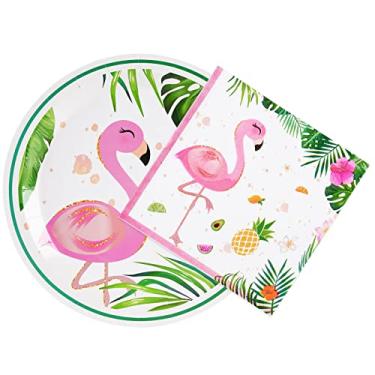 Imagem de WERNNSAI Conjunto de pratos e guardanapos de flamingo – serve 50 convidados, 100 peças, artigos de festa havaianos Luau, conjunto de talheres descartáveis, pratos de almoço, guardanapos para aniversário, chá de bebê, festa de casamento