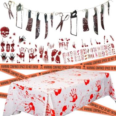 Imagem de Scary Halloween Decorations Set - Bloody Knife Garland, Hands and Feet Banner, Bloody Handprint Stickers, Scar Tattoo, Tablecloth, Caution Tape, for Vampire Zombie Theme Bloody Party Decorations