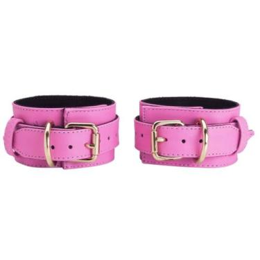 Imagem de Pulseira Couro Legítimo Algemas Rosa  Ajustável Fantasia Lolita Barbie