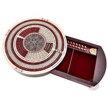 Imagem de House of Cribbage - 25,4 cm formato redondo 4 faixas tabuleiro de cribbage contínuo bordo/madeira de sangue - gaveta empurrar e lugar para gambás, cantos e jogos ganhos