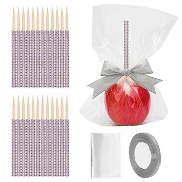 Imagem de 48 + 1 kit de bastão de bambu de maçã doce, Anglecai 24P bastão brilhante para espetos de madeira de strass de maçã, com sacos de 24 peças, 1 fita de glitter de 22 metros, bastão brilhante para pirulito de maçã e caramelo