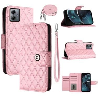 Imagem de Dswteny Capa carteira para Motorola Moto G14 com alça de ombro transversal, padrão Argyle PU couro flip suporte para cartão de crédito capa para celular MotoG14 G 14 meninas mulheres rosa