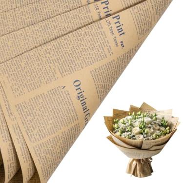 Imagem de LeZakaa Papel de embrulho de flores de papel de jornal Kraft com 20 folhas - Papel floral reversível - Design de papel de jornal kraft de fonte azul para o dia dos namorados, dia das mães, festas,