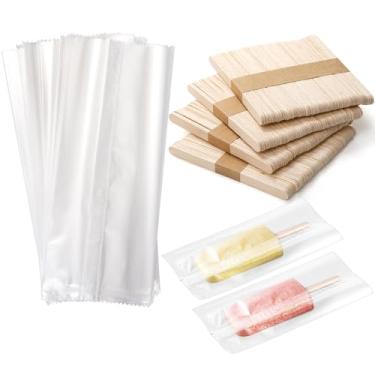 Imagem de Okllen Conjunto de 600 peças de sacos e palitos de picolé, 300 peças de embalagens de picolé de plástico descartáveis, sacos de sorvete transparentes, 300 peças de palitos de picolé de madeira para