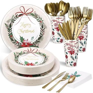 Imagem de Sliner Conjunto de 350 pratos e guardanapos de papel de Natal, utensílios de mesa descartáveis, utensílios de mesa de jantar, artigos de festa, inclui 100 pratos de papel, 50 xícaras, 50 guardanapos, 50 conjuntos de facas, garfos e colheres para 50 convidados