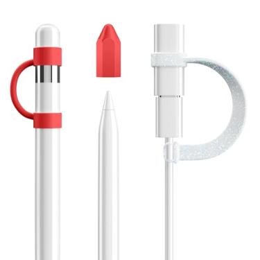 Imagem de DTTO Pacote com 4 acessórios de silicone para Apple Pencil 1ª geração, acessórios de proteção antiperda incluem suporte de tampa de lápis, capa de ponta, cabo adaptador de cabo, vermelho/cores