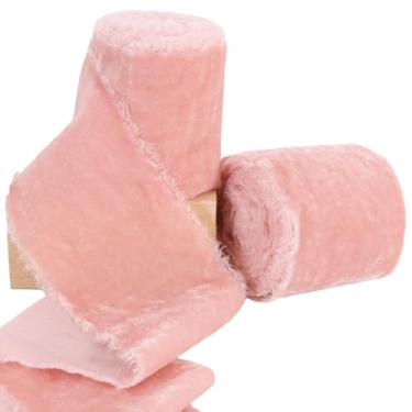 Imagem de RIBBOOO 2 rolos de fita de veludo rosa claro 7,6 cm feito à mão com franja desgastada fita de veludo de seda com borda crua para grinaldas, buquê de flores, faixa de vestido de chá de bebê, decoração