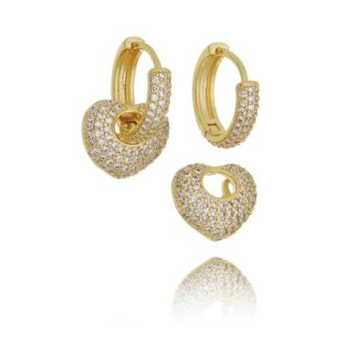 Imagem de Brinco Argola Pedra Zirconia Coração Dourado F. Ouro 18k - DeCastro jo