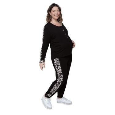 Imagem de Pijama Longo Gestante Viscolycra Preto detalhe Onça - Linda Gestante, 