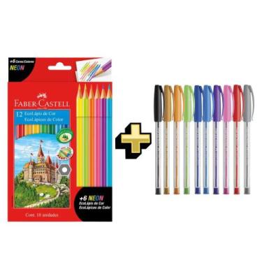 Imagem de Kit Lápis de Cor 12 Cores + 6 Neon + 10 Canetas Esferográfica Trilux F