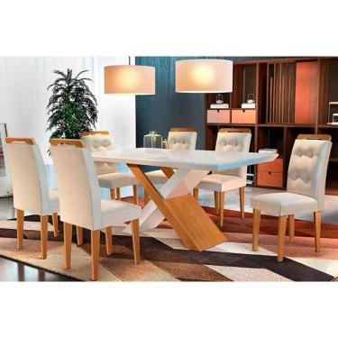 Imagem de Kit 6 Cadeiras Sala Jantar Imperatriz Tampo Madeirado c/ Vidro Curvo 180x90 e 6 Cadeiras Imperatriz Imbuia/Suede Creme - Rufato