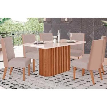 Imagem de Conjunto: Mesa Sala Jantar Solana SC68 Tampo Madeirado c/ Vidro Canto Curvo 160x90cm e 6 Cadeiras Anne Nature/Courano/Linho - Henn