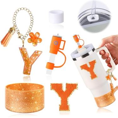 Imagem de Conjunto de acessórios de copo laranja de 6 peças para copo Stanley Cup de 850 g 1,134 g com alça, incluindo tampa de cobertura de palha e bota, tampa à prova de derramamento, pingente de alça,