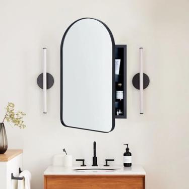 Imagem de EGHOME Armário de remédios para banheiro recesso em arco preto fosco com espelho de metal de aço inoxidável emoldurado armário de banheiro retangular com espelho 51 x 76 cm