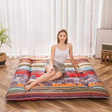 Imagem de MAXYOYO Colchão de chão retrô boêmio vintage floral japonês futon cama de dormir engrossada colchão de acampamento portátil, espreguiçadeira, sofá-cama, colchão, tamanho casal