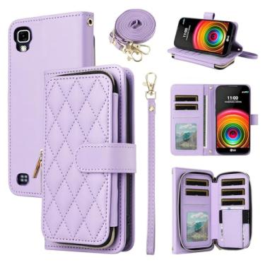 Imagem de Furiet Argyle Capa carteira para LG X Power com alça de pulso, 9+ compartimentos para cartão com zíper bolsa de couro PU de luxo capa de celular xadrez para XPower 1 LS755 K450 mulheres meninas roxo