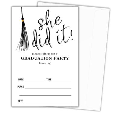 Imagem de heiyihe 20 Convites de formatura She Did It Convite de festa de graduação para meninas 10 x 15 centímetros convite de formatura com envelopes suprimentos de lembrancinha de festa-A09
