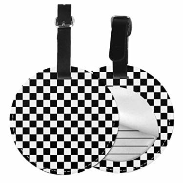 Imagem de TKS MITLAN 1 etiqueta de bagagem, quadro de damas, capa de privacidade, etiqueta de identificação, cartão de endereço para mala de viagem, padrão xadrez geométrico, xadrez, preto, branco, carro,