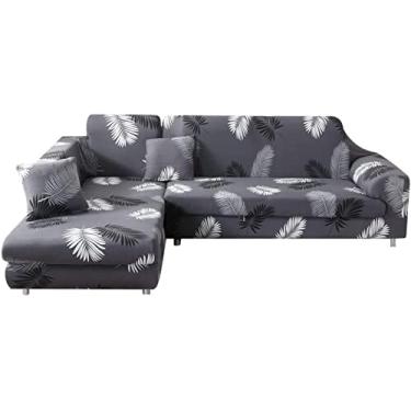 Imagem de 2 capas de sofá para sofá secional em forma de L, conjunto de capas de sofá em formato de L, capas de sofá impressas em forma de L para animais de estimação (3 + 3 assentos, pena preta)