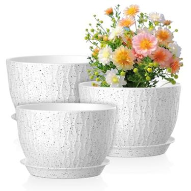 Imagem de Meowell Vasos de flores grandes de 12/10/23 cm, 3 conjuntos de vasos grandes para plantas internas ao ar livre com ondulações de água, vasos de plástico largos com orifícios de drenagem e pires para