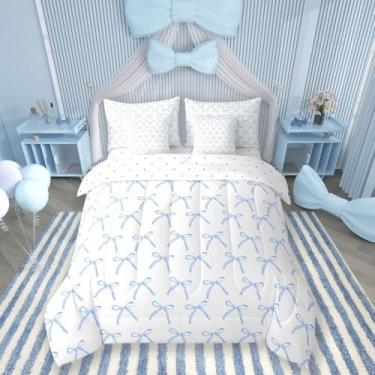 Imagem de Conjunto de cama com 7 peças de desenho animado com laço e laço tamanho Queen, laço geométrico, patchwork, desenho, azul, azul (edredom + lençol + 2 fronhas + 2 capas de travesseiro)