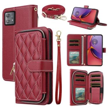 Imagem de Dswteny Argyle Capa carteira para Motorola Moto G84 5G com alça de pulso, alça de ombro, bolsa de couro PU flip suporte para cartão de crédito acessórios capa de celular para G 84 2023 mulheres