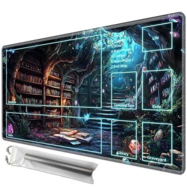 Imagem de JANENFNA Playmat 24" x 14" with Magic Zones for MTG Card Game Playing, Board Game Mat for Card Breaking Commander Deck Gaming Card Game Battles Mat with Storage Bags, Enchanted Forest Library