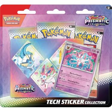 Imagem de Pokémon TCG: Scarlet & Violet—Prismatic Evolutions Tech Sticker Collection – Sylveon (1 cartão promocional de alumínio e 3 pacotes booster)
