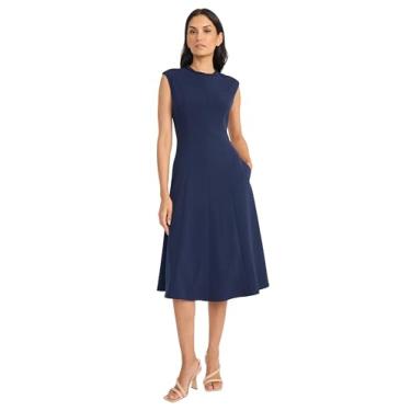 Imagem de Maggy London Vestido feminino evasê midi com bolsos, manga cavada, gola alta, para convidada de casamento, Blazer azul-marinho, 42