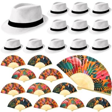 Imagem de Skicuff 12 Sets Havana Nights Folding Hand Fans Beach Short Brim Panama Hat Tropical Nights Party Supplies for Hawaiian Luau(Cool Style)