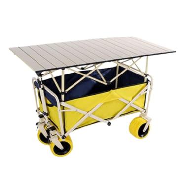 Imagem de carroça Carrinho de vagão com rodas dobrável, carrinho de jardim de acampamento com alça ajustável, vagão de praia com rodas grandes e mesa dobrável dobrável