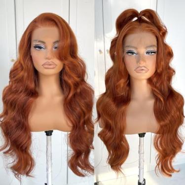 Imagem de MITIMES Peruca Ruiva Sem Cola 13X6, Peruca Sintética Laranja Hd, Renda Frontal, Pré-Arrancada, Ruiva, Onda Corporal, Use E Vá, Peruca Lace Frontal Para Mulheres